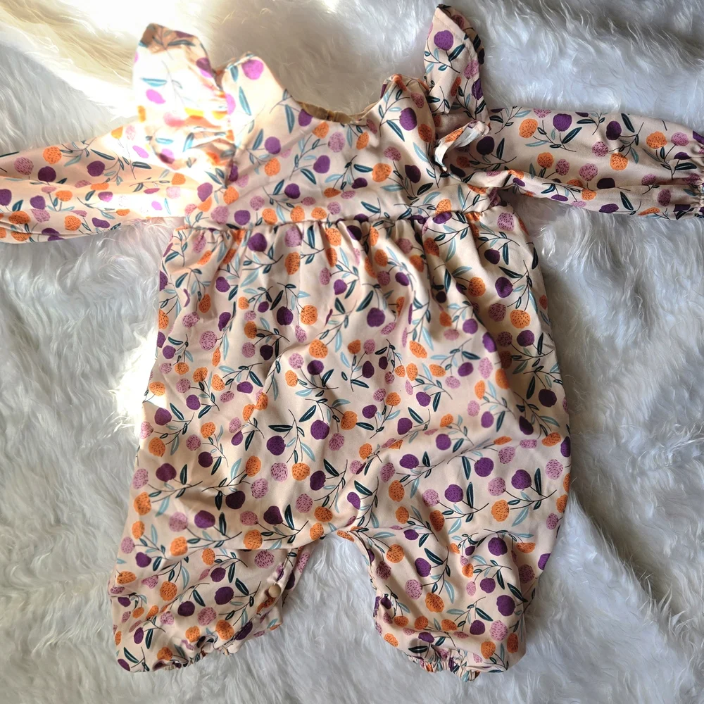 Mabel +Honey Infant Girl Charming Floral Romper Orange and Purple 9 Months